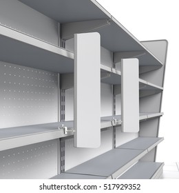 set of empty shelves with shelf-stopper in supermarket. 3D rendering