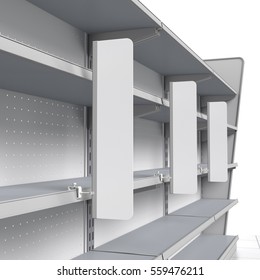 set of empty shelves with shelf-stoppers in supermarket. 3D rendering