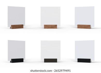 Set of empty stand display with different angles. Card, price tag or restaurant menu mockup isolated on white background. Paper sheet, card, menu, promotion or price tag on holder stand.