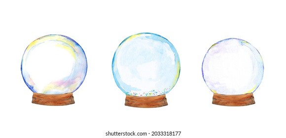 Set Of Empty Transparent Christmas Snowglobe. Watercolor Collection With Beautiful Snow Ball, Globe With Editable Copyspace
