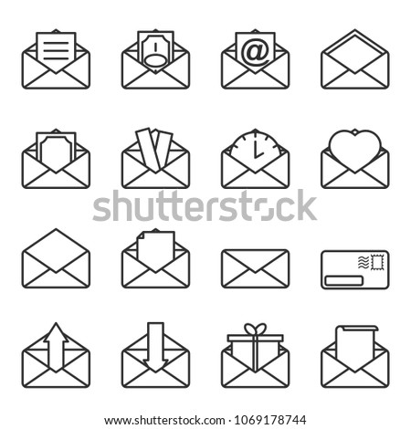Set of envelope icons for letters with abstract figures enclosed in them. Simple editable outline on a white background. Isolated .