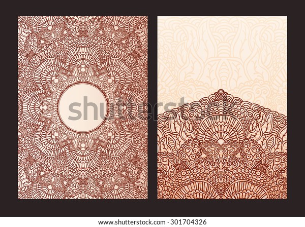 Set of ethnic template for design wedding
invitations and greeting cards. Traditional henna flowers mehndi
elements of vintage patterns. Indian or Asian motif painting.
Rasterized version.