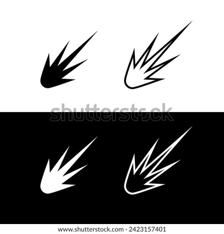Set of explosion, spark or comet icons. Fire from a rocket engine or a meteorite falling. A trail of fire in the sky. Explosion of a shell or bomb.