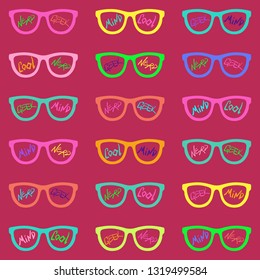 Set Of Eyeglasses With Inscriptions: Nerd, Cool, Mind, Geek. Seamless Pattern With Glasses And Inscriptions: Nerd, Cool, Mind, Geek. Raster Version