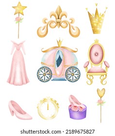 Set Of Fairy Tale Princess Elements, Isolated Illustration On A White Background, Baby Girl Shower Clipart