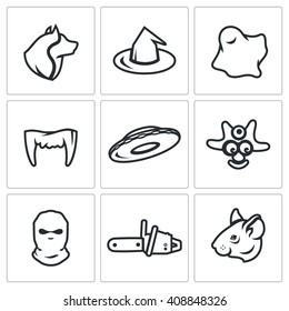 Set Of Fear Icons. Werewolf, Witch, Ghost, Vampire, UFO, Cannibal, Criminal, Maniac, Rat. Wolf, Cap, Ghost, Tusks, Flying Saucer, Savage, Balaklava, Chainsaw, Mouse.