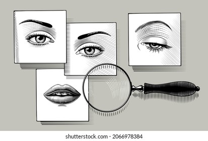 Set Of Female Eyes And Lips On Cards And Magnifying Glass. Vintage Engraving Stylized Drawing