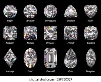 Set of fifteen sparkling water clear diamonds of various cut shape and design with their names.  Top view, isolated on black  background.  Photo-realistic 3D rendering illustration image