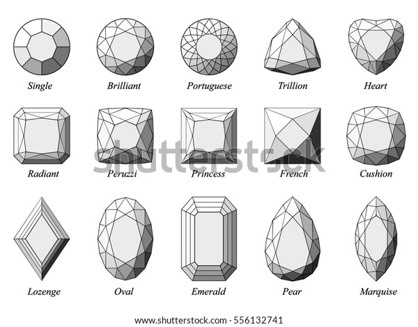 15種類のダイヤモンドカットの形状とデザイン図のセットで 名前を付けます 白い背景に黒いワイヤフレームとグレーのハイライトされた切り子面をトップビューで表示 3dコンピューターで生成された画像 のイラスト素材