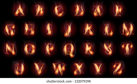 Set Of Fire Burning Latin Alphabet Letters