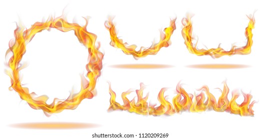 Set Of Fire Flames In The Form Of Ring, Arc And Wave On White Background