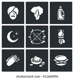 Set Of Fire Show Icons. Fakir, Flame, Fuel, Night, Trick, Torch, Applause, Donation, Food. Yogi, Fire, Canister, Crescent, Rotation Fire, Hands, Money, Sandwich