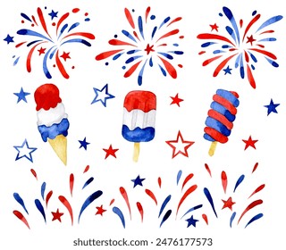 set of fireworks and elements for American Independence Day. watercolor drawing - Powered by Shutterstock