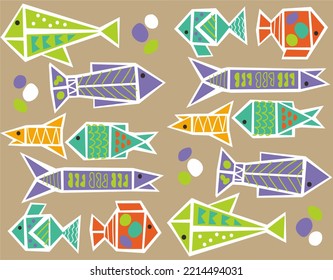 Set Fish Artsy Pattern. Fish Illustration Seamless.