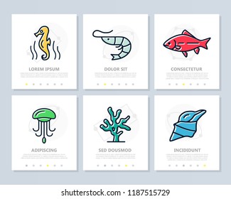 Set of fish and sea food colored elements for multipurpose a4 presentation template. Leaflet, corporate report, marketing, advertising, annual report, book cover design. - Powered by Shutterstock