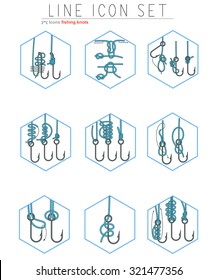 Set Of Fishing Hooks Icons With Different Knots. Fisherman Symbols. Illustration In Line Style.