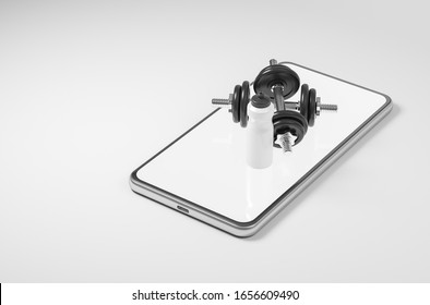 Set of fitness bottle two dumbbells and the smartphone on the white background. Concept of online training. 3d render illustration. - Powered by Shutterstock