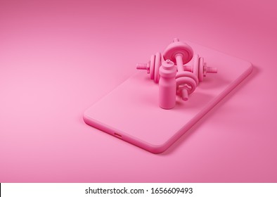 Set of fitness bottle and two dumbbells on the smartphone screen made in pink color. Concept of online training. 3d render illustration. - Powered by Shutterstock