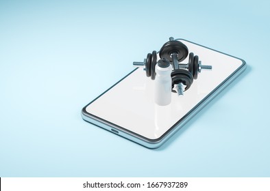 Set of fitness bottle two dumbbells and the smartphone on the blue background. Concept of online training. 3d render illustration. - Powered by Shutterstock