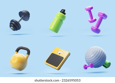 Set of fitness equipment. Kettlebell, dumbbell, scales, water bottle, sports ball on a blue background. 3d rendering - Powered by Shutterstock