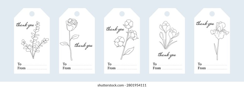 Set of five angled-corner gift tags with floral line art and elegant thank you text, featuring rose and botanical blossoms, with To and From fields for personalization