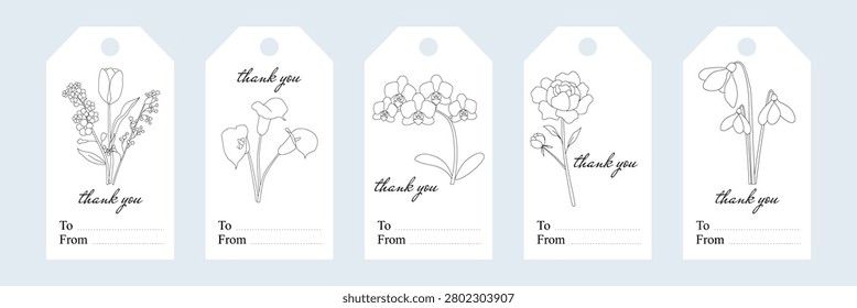 Set of five angled-corner gift tags with floral line art and elegant thank you text, featuring tulip, calla lilies, orchid, peony, and snowdrop, with To and From fields for personalization