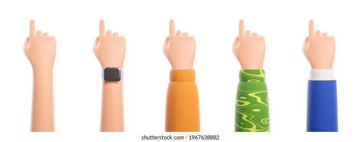 Set of five cartoon character hand pointing at something or push touch screen on isolated white background. Blue suit, yellow shirt and smart watch. 3d render illustration.