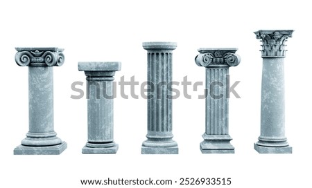 Set of five different classical stone columns with detailed designs. 3d render