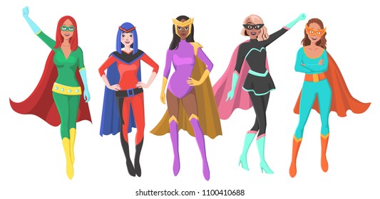 Set Of Five Different Female Superheroes with Masks and Cloaks