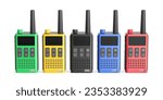 Set of five handheld transceivers with different colors on white background, front view. 3D illustration