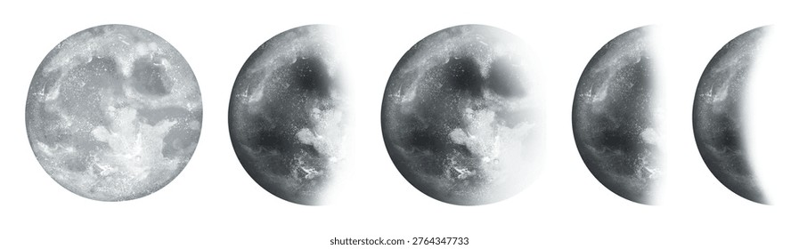 A set of five moon phases, transitioning from full to new moon, displayed in grayscale on a white background.