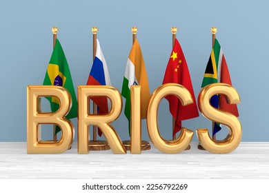 Set flags BRICS in room. 3D illustration
