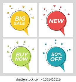 Set Of Flat Abstract Sale Banner In Modern Style. Simple Graphic Round Bubble Shape Promo Sticker With Color Confetti Burst.  Illustration With Sale Tags For Special Deal Flyer.