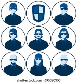 Set Of Flat Avatars For The Security Agency. Male And Female Silhouettes Of Bodyguard People For User Profile Picture. Detective Agents, Men And Women. Raster Illustration.