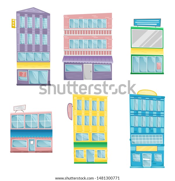 Set of flat buildings in cartoon\
style. Six bright architectural buildings with\
signs.