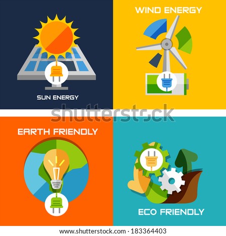 Set of flat design concepts - green energy. Solar panels, windmill, battery, light bulb, nature machine concept