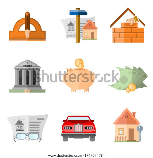 Set of flat icon design and buiding house ern and\
multiply money and\
result