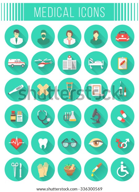 Set of flat icons related to subject of medicine,
first aid, transportation of patient, health care, insurance,
medical treatment, medicines and hospital personnel. Conceptual 
symbols