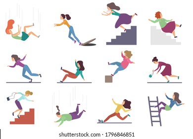 Set of flat  injuring female woman falling down the stairs and over the edge, ladder, drop from the altitude, wet floor falling, stumbling on the sewer hall, tripping on stairs isolated