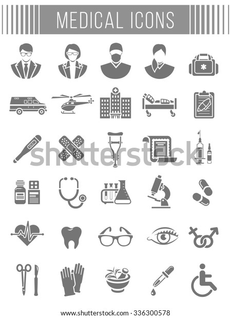 Set\
of flat silhouette icons related to subject of medicine, first aid,\
patient transportation, health care, insurance, medical treatment,\
medicines and hospital personnel. Conceptual\
symbols