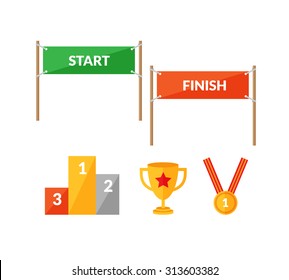 Set of flat style icons about sport competition with Start and  Finish banners, pedestal, cup and winning medal.
