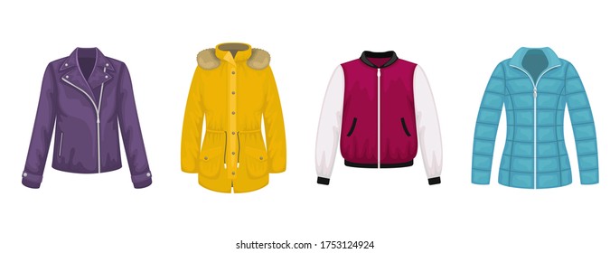 Set Of Flat  Women's Outerwear. Leather Jacket, Bomber Jacket, Parka, Jacket.