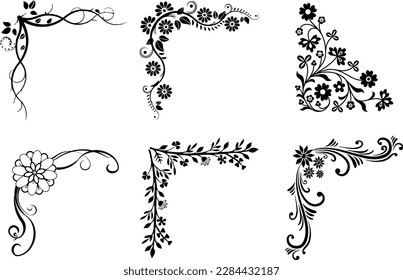 Set of Floral corner design. Ornament black flowers on white background. Decorative border with flowery elements, pattern for Wedding card having swirl and circles.