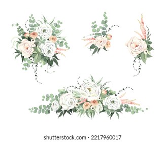 Set of floral decorations with delicate roses, leaves and branches eucalyptus, collection watercolor isolated ornaments in provence style for invitation or greeting cards, covers or posters. - Powered by Shutterstock