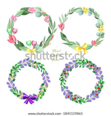 Set of floral wreaths with branches, flowers, lollipops and wild berries and bows on a white background. Watercolor drawing