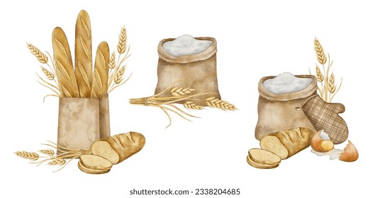 Set of flour sack, Crispy French baguettes in craft bag with bunch of spikelets of wheat, rye, grains and sliced fresh bread. Hand drawn watercolor illustration for bakery - Powered by Shutterstock