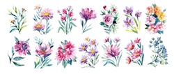 A Set Of Flower Arrangements Of Buds And Leaves. Watercolor Wildflowers For Design. Set Of Roses, Lilies, Daisies, Forget-me-nots, Tulips