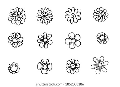 A set of flowers. Cartoon doodle style. Hand drawing. Outline. Funny picture. The object is isolated on a white background.  - Powered by Shutterstock