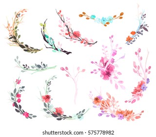 Set Of Flowers, Leaves And Branches, Painted In Watercolor, Isolated On White. Sketched Wreath, Floral And Herbs Garland. Watercolour Style.