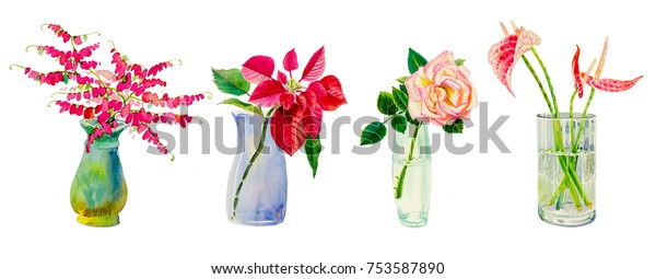 Set Flowers Vases Watercolor Painting Flower Stock Illustration